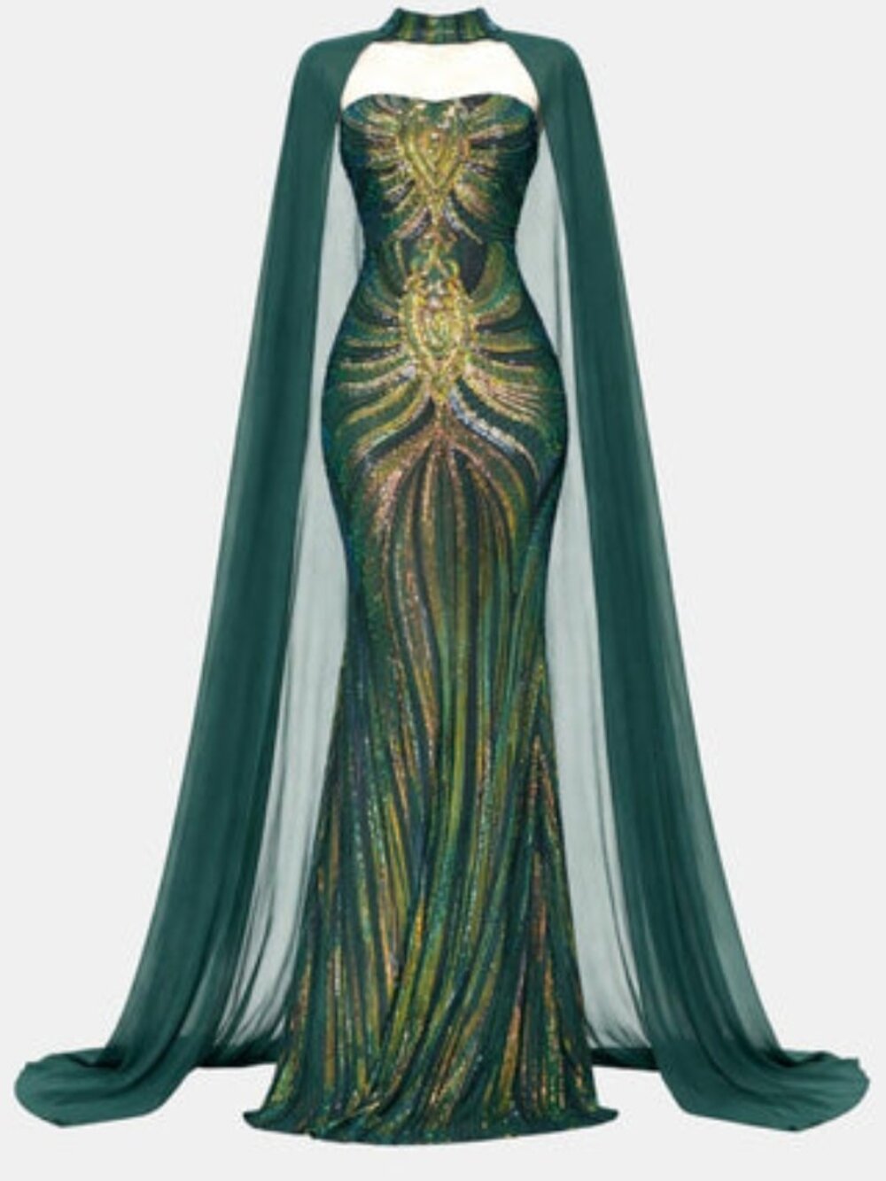 Green Sequin Cape Mermaid Evening Dress